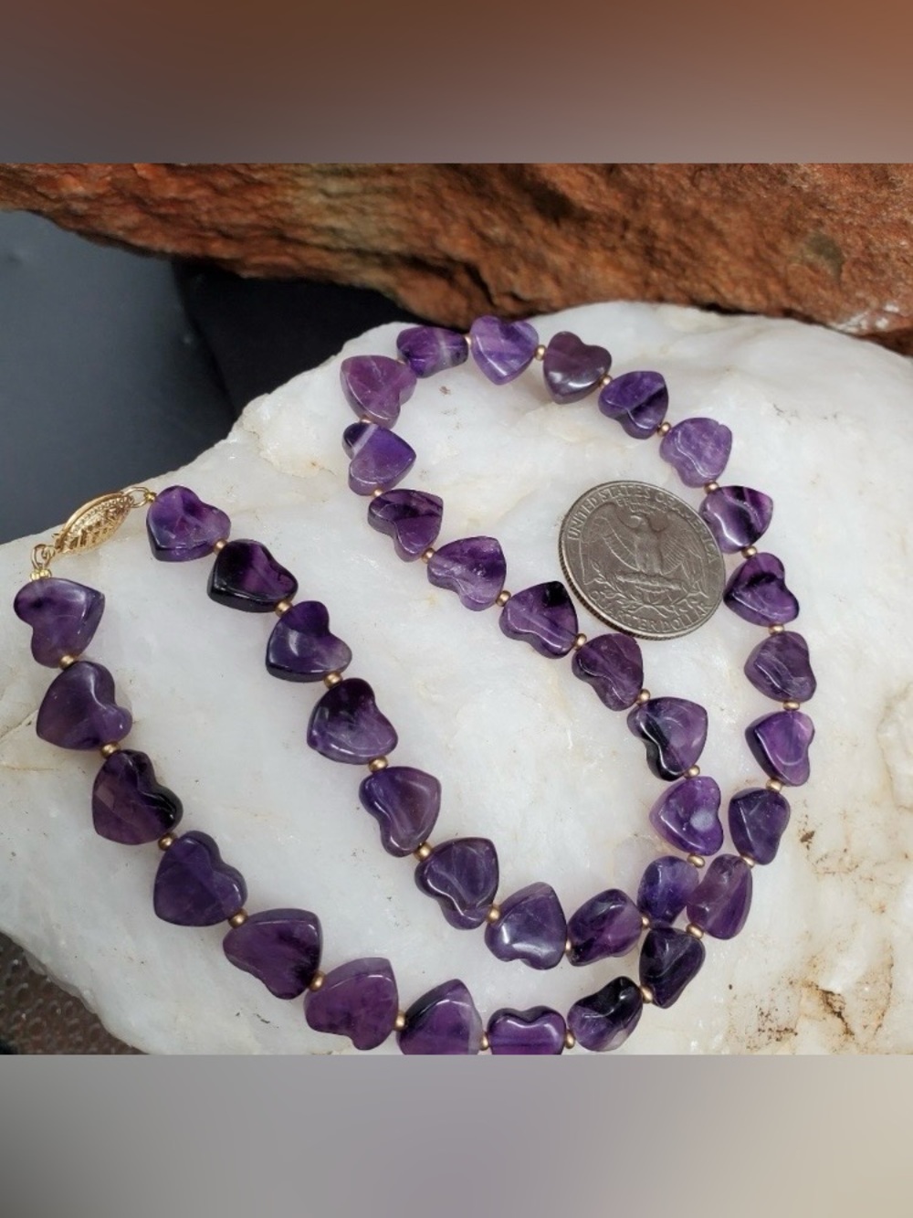 Genuine Amethyst Stone  Heart Necklace with Solid 14K Gold Clasp - Picture 3 of 8